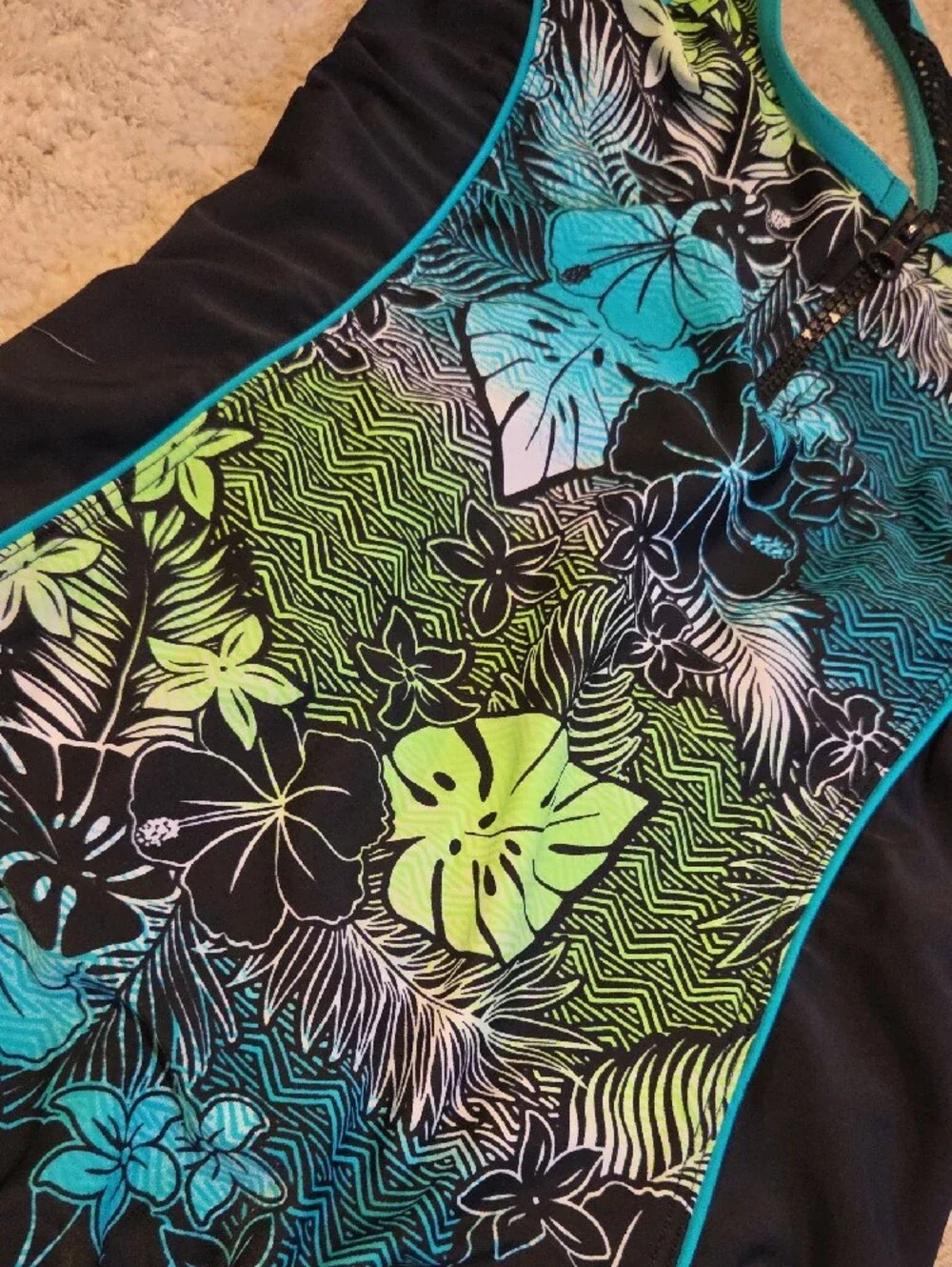 ZeroXposur Girls Black Swimsuit with Teal & Lime Floral Print